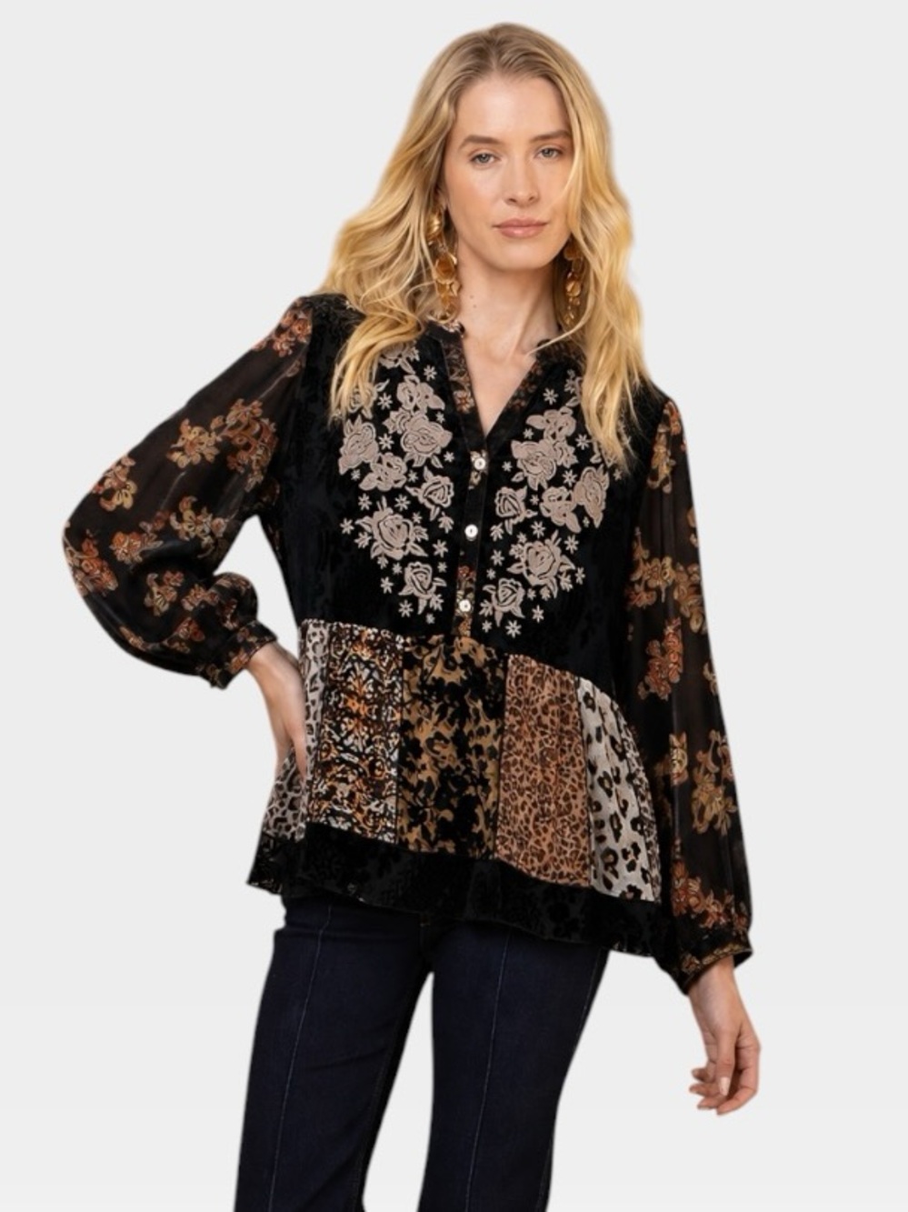 John Mark Velvet Burnout Patchwork Tunic Embroidered Boho Blouse Top Large